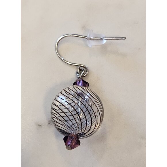 Sterling Silver Dangle Earrings W/ Swarovski Elements Purple Beads Textured Ball - Picture 5 of 5